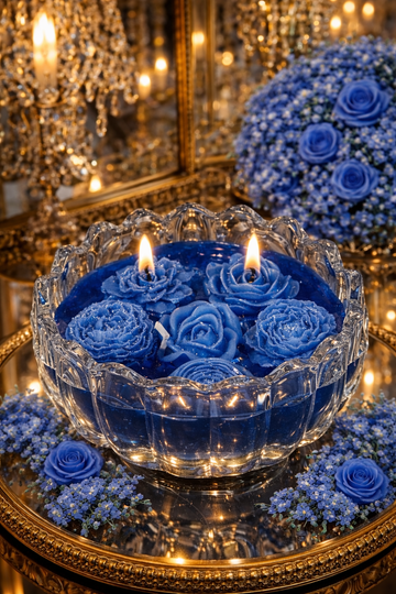 Luxury Blue Rose Crystal Candle Bowl | Handmade Floral Candle | Elegant Home Decor by CandleCrew