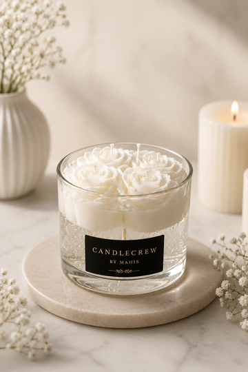 Luxury White Rose Gel Candle | Handmade Floral Candle in Premium Glass Jar | Elegant Home Décor & Gift | CandleCrew by Mahis